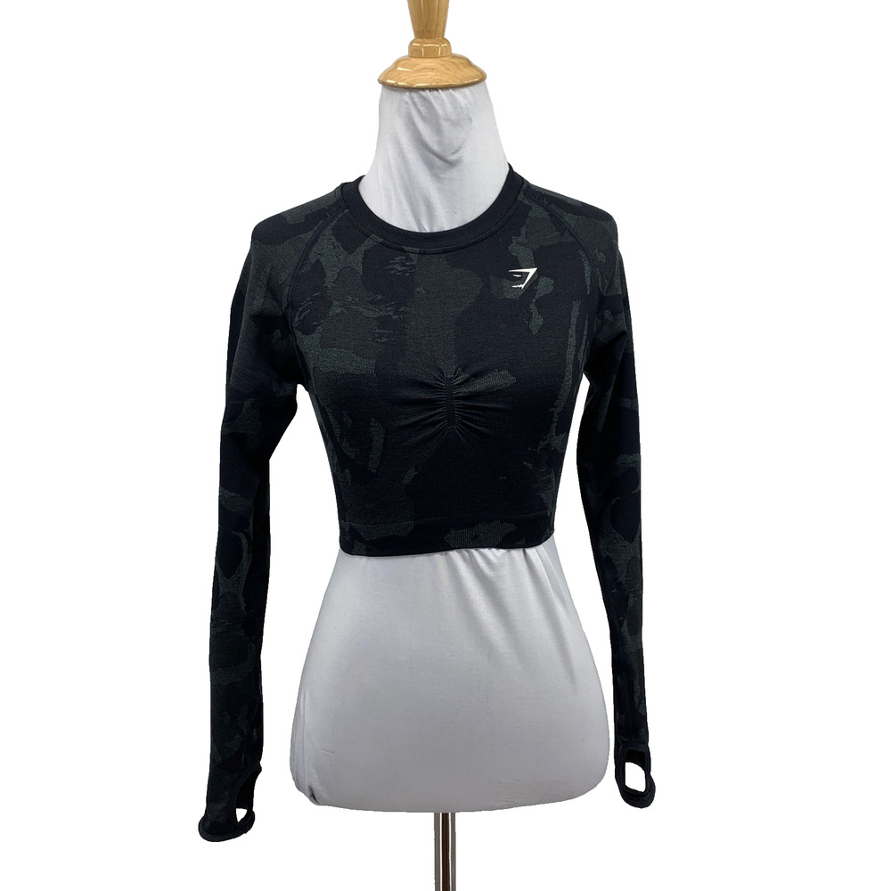 Gymshark Top Womens Small Black Adapt Camo Compress Long Sleeve Crop Cutout Back